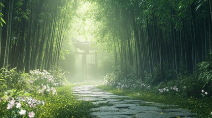 Obraz premium A bamboo forest with an ancient stone path leading to the entrance of a Chinese temple. There are some wildflowers in front of it, AI Generative