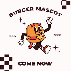 Fun burger mascot illustration with a cheerful vibe, showcasing 'Burger Mascot' and 'Come Now' text. branding, food promotions, and burger restaurant marketing campaigns
