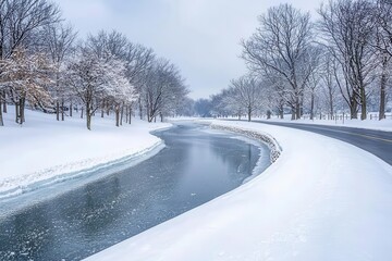 Obraz premium A winding river in a serene winter landscape, partially frozen freshwater reflecting snowcovered trees, creating a calm and quiet winter scene