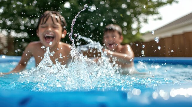 Children splashing in a backyard pool on a hot summer day, laughter and water droplets sparkling in the sun., copy space for text,