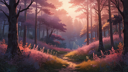 Golden sunlight illuminates a magical path through a tranquil forest.