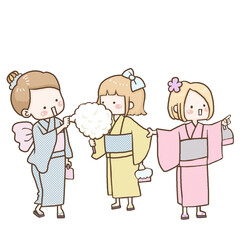 綿菓子食べながら歩く浴衣の女子3人