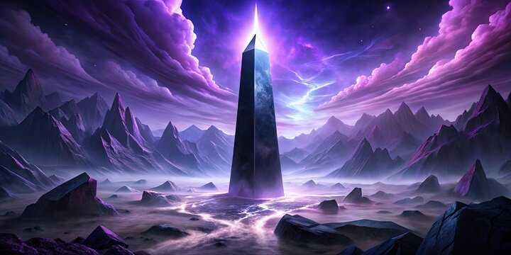 A towering obsidian monolith casts a long shadow across a mist-shrouded landscape, its sharp edges piercing the ethereal purple sky.