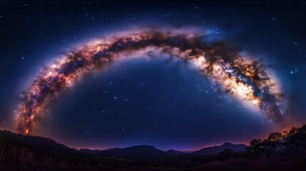 Naklejka premium A vibrant Milky Way sparkles on a deep indigo sky, framed by silhouetted mountains and trees.