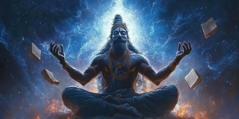 Divine Brahma, surrounded by the floating Vedas, cosmic waves of creation flowing from him, as the universe forms around him, embodying wisdom and life