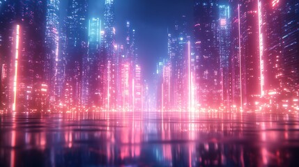 Fototapeta premium Majestic city skyline glowing in pink neon lights during nighttime picture