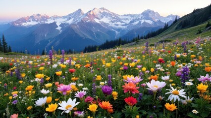 Fototapeta premium Colorful Alpine Meadow in Full Bloom, Spring Mountain Landscape with Wildflowers and Distant Snow-Capped Peaks