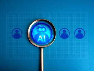 Artificial Intelligence jobs, robot career, human resource (HR), hiring, recruitment concept. AI bot icon selected in magnifying glass lens on  network grid and blue background with people symbols.