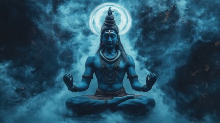 Divine Shiva practicing yoga meditation, cosmic energy spiraling around him, his serene expression radiating peace as he channels universal forces for balance