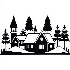 Obraz premium Winter Village Scene vector silhouette with white background