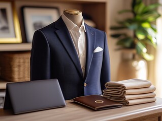 Elegant display of tailored men's suit with modern accessories on a wooden table in a stylish interior, showcasing sophistication and timeless fashion aesthetics.