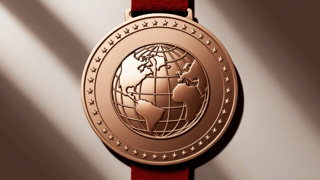 a bronze award medal with a raised globe design at the center with small stars, hangs on a dark red velvet ribbon to emphasize recognition value.