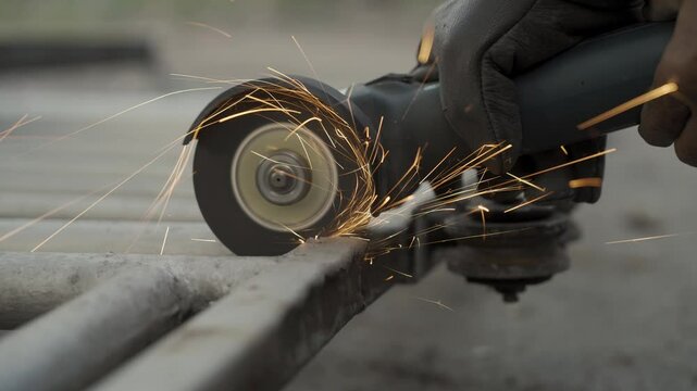 A man is using a power tool to cut through a metal pipe. The sparks from the tool are flying everywhere, creating a dangerous and intense scene. The man is focused on his task, but the sparks