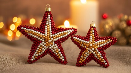 Beaded star ornaments in festive red and gold, on a soft candle-lit background with holiday warmth
