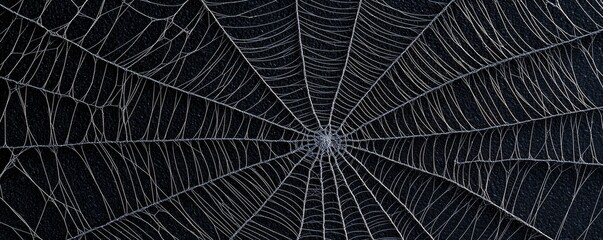 Obraz premium A close-up of a perfectly crafted spider web, showcasing intricate patterns and delicate threads against a dark background.