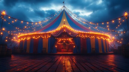 Vibrant illuminated circus stage with string lights against a dramatic dark evening sky image