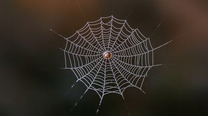 A close-up view of a spider web with dewdrops glistening in the morning light, showcasing intricate patterns and natural beauty.