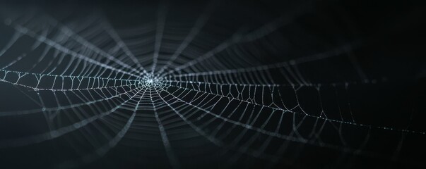 A close-up shot of a delicate spider web glistening in the light, showcasing intricate patterns and textures against a dark background.