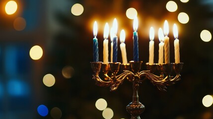 Fototapeta premium A menorah with lit candles against a bokeh background of lights.