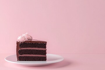 A delicious slice of chocolate cake with pink frosting against a pastel pink background in a well-lit setting