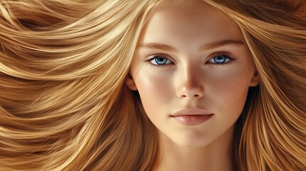 Naklejka premium Beautiful girl, ultra blonde, hair. Stylish hairstyle done in a beauty salon. Fashion, cosmetics and makeup