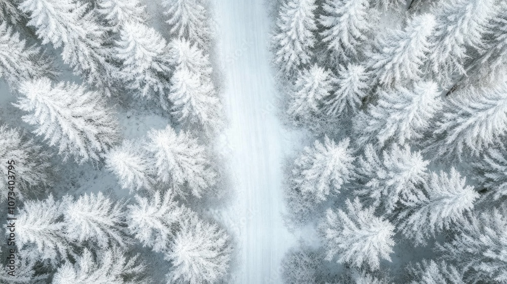 Poster a snowy forest with a road running through it