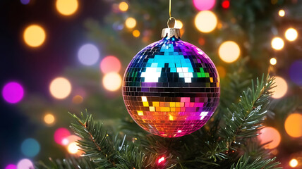 A sparkling dazzling disco ball ornament on a festive Christmas decoration on Christmas tree, Surrounded by colorful bokeh lights background.