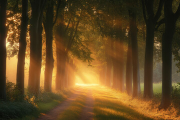 Obraz premium Sunlit forest path with golden rays filtering through tall trees, creating a serene and ethereal atmosphere in the natural landscape.