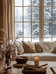 Cozy Window Seat with Winter View and a Candle