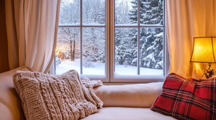 Fototapeta premium Cozy Window Seat with a Snowy View and Warm Lighting