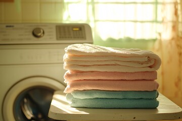 Stacked soft towels in pastel colors beside a washing machine in a bright laundry room during...