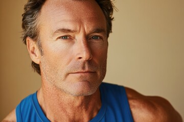 Obraz premium Intense portrait of a fit, mature man with a serious expression, wearing a blue athletic tank top, conveying strength and focus.