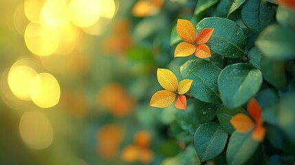 A close-up of vibrant green leaves with orange tips, illuminated by a soft golden glow.