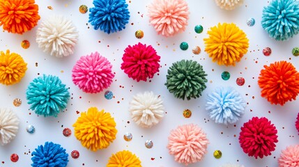 Pom-pom Christmas ornaments in bright holiday colors, on a light background with festive accents