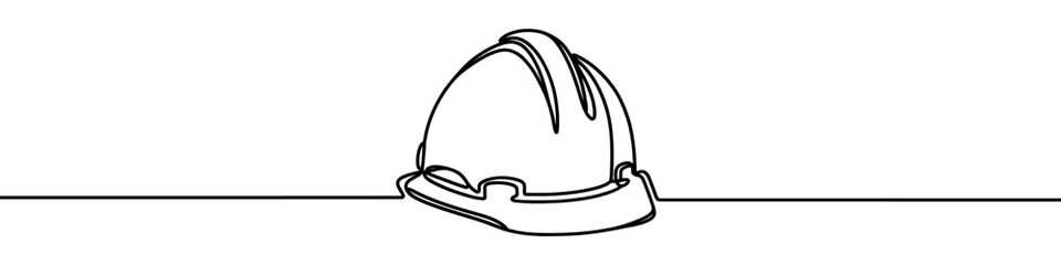 One continuous line illustration of a safety helmet, isolated on white background. Line art of safety helmet