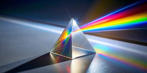 A crystalline prism, with a reflective surface, refracts light into a rainbow of colors, illustrating the principles of physics