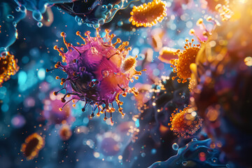 Colorful image of many different colored bacteria and viruses. Scene is chaotic and overwhelming, with the various colors and shapes of the microorganisms creating a sense of disarray