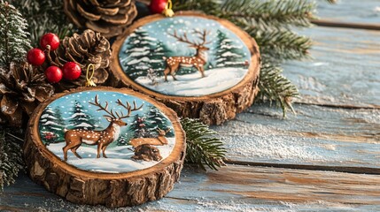 Wood slice ornaments with painted reindeer and snow scenes, on a rustic wood background with festive touches