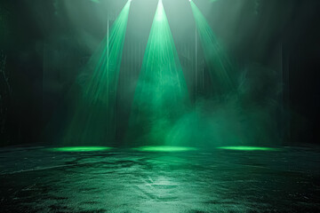 Stage with three bright green lights shining on it, creating a bright and lively atmosphere. The stage is empty, giving it a sense of emptiness and anticipation