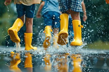 Group of children are playing in the rain, splashing water and wearing yellow rain boots. Scene is playful and joyful, as the children are enjoying themselves in the rain