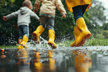 Group of children are playing in the rain, splashing water and wearing yellow rain boots. Scene is playful and joyful, as the children are enjoying themselves in the rain © Людмила Мазур