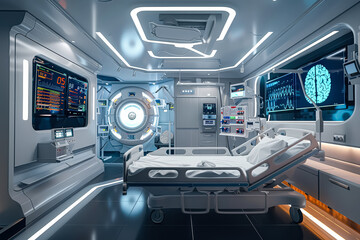 Fototapeta premium Futuristic hospital room with a bed and a monitor. The room is white and has a futuristic feel to it