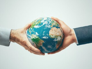Earth globe in a handshake overlay, symbolizing environmental and global collaboration, soft, warm colors