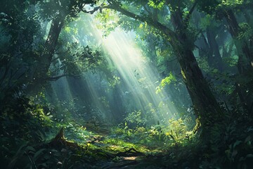Sunlight filters through trees in a serene forest, illuminating the misty ground during early morning hours