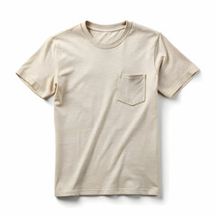 A plain t-shirt with a pocket design, laid flat on a surface