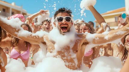 People dancing at a foam party in summer at the resort – Capturing vibrant energy, fun-filled moments, and a lively vacation atmosphere
