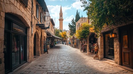 Fototapeta premium Narrow cobblestone street lined with shops and a minaret in the distance.