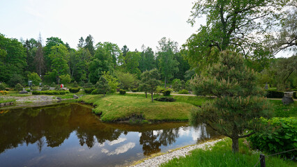 Picturesque Japanese garden with a pond.