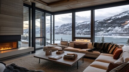 Fototapeta premium Cozy Living Room with Mountain View and Fireplace