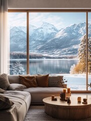 A cozy living room with a view of snow-capped mountains and a frozen lake